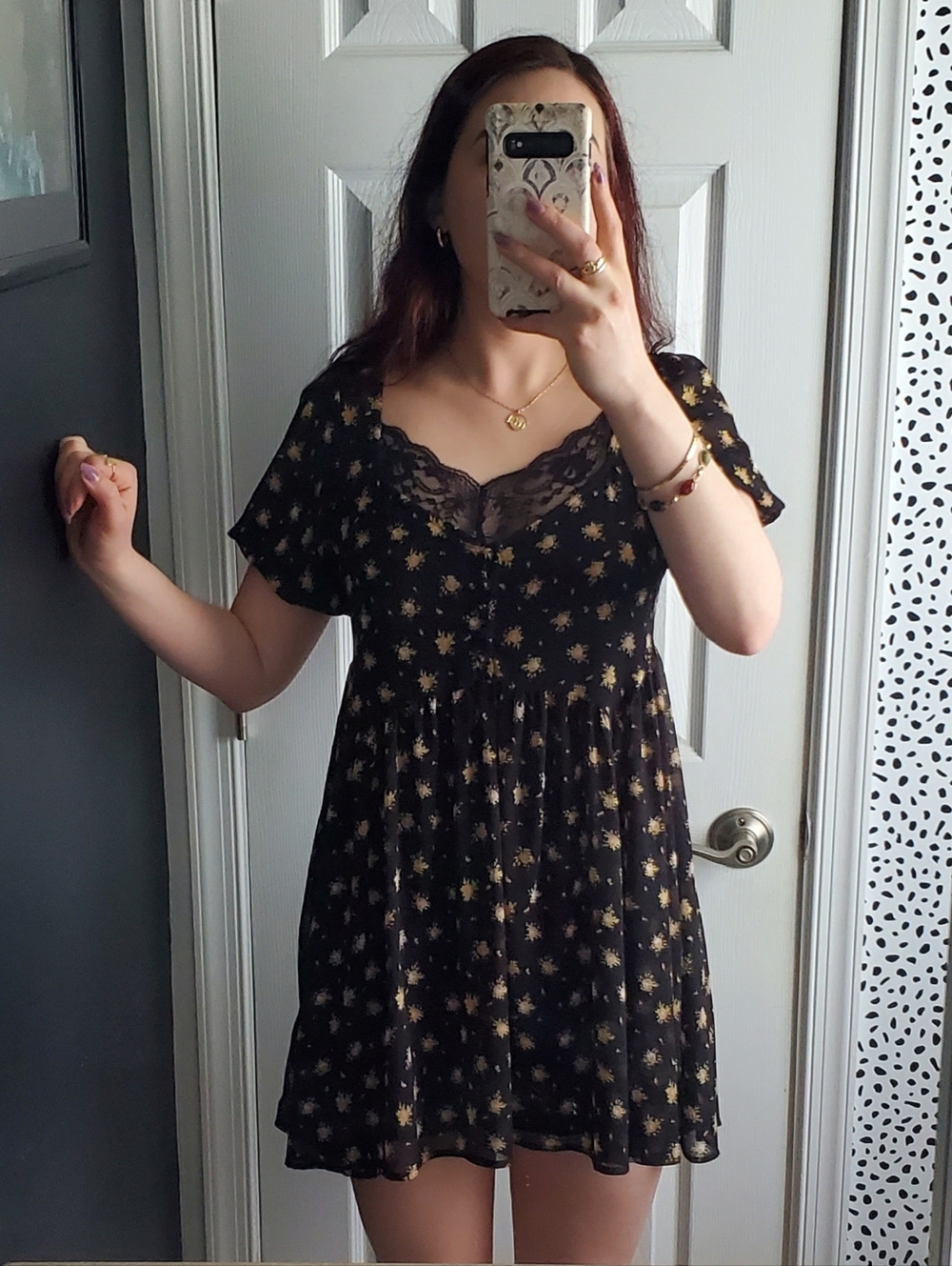 Urban Outfitters Black Mini Babydoll Dress with Rose Print